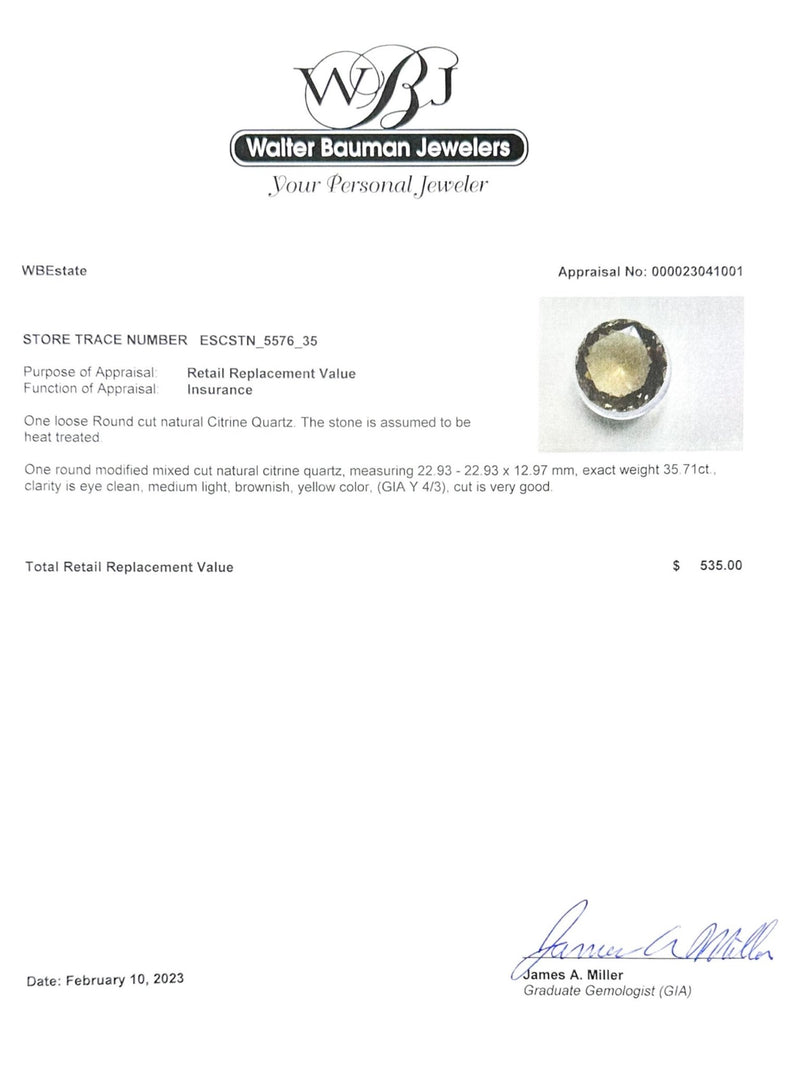 Estate 35.71ct Round Citrine Loose Gemstone - Walter Bauman Jewelers