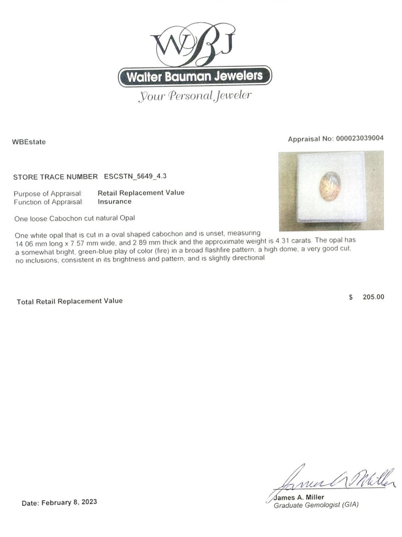 Estate 4.31ct Oval Cabochon Opal Loose Gemstone - Walter Bauman Jewelers
