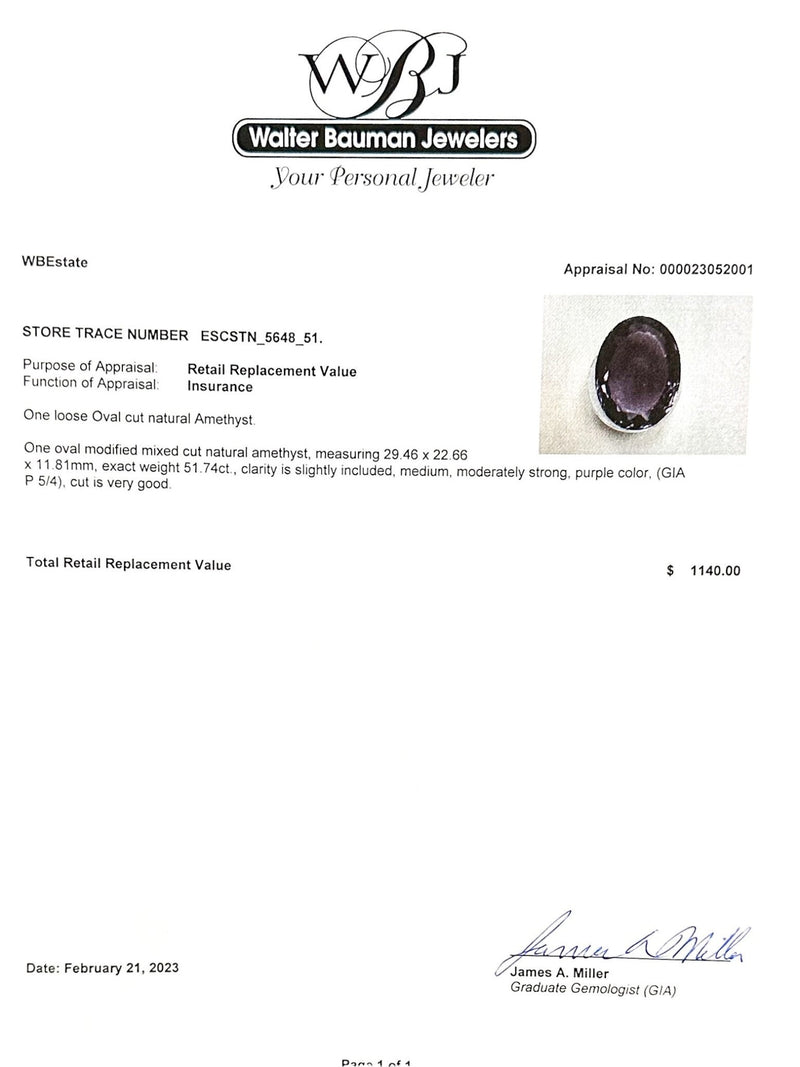 Estate 51.74ct Oval Cut Amethyst Loose Gemstone - Walter Bauman Jewelers