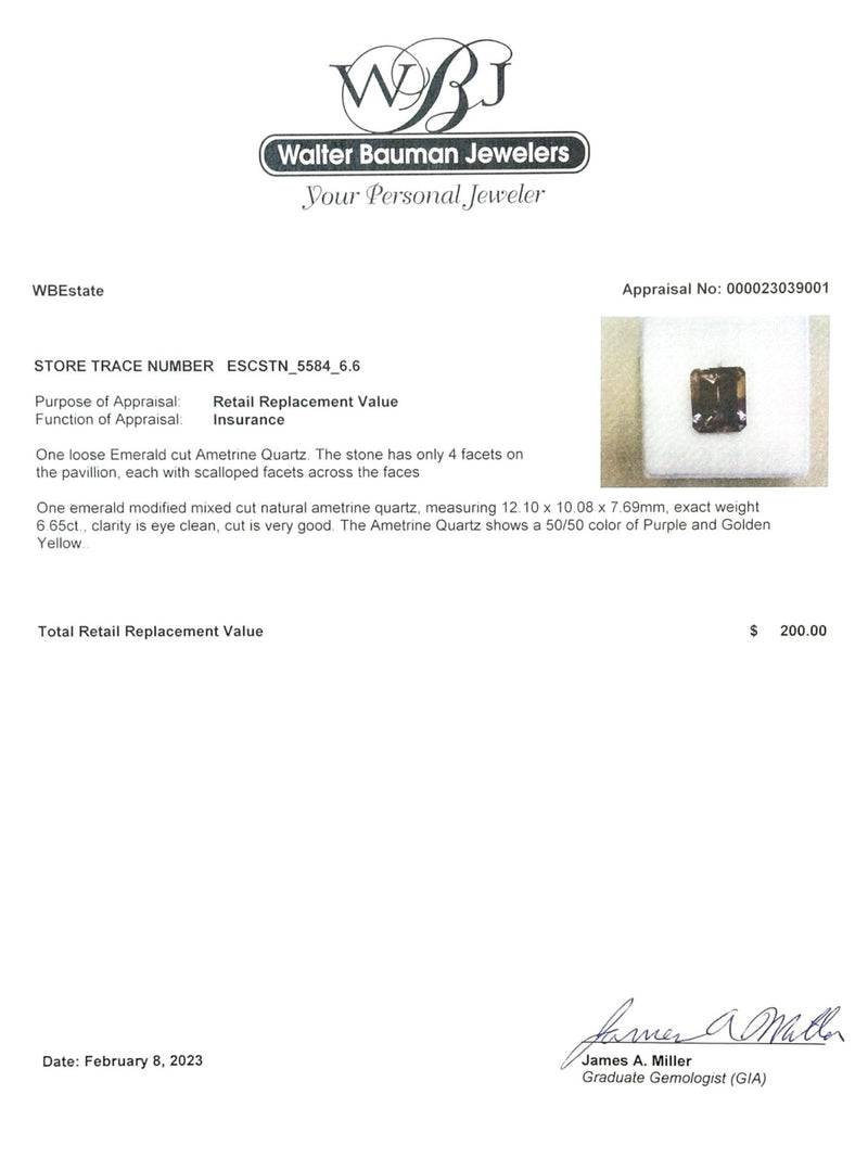 Estate 6.65ct Emerald Ametrine Loose Gemstone - Walter Bauman Jewelers