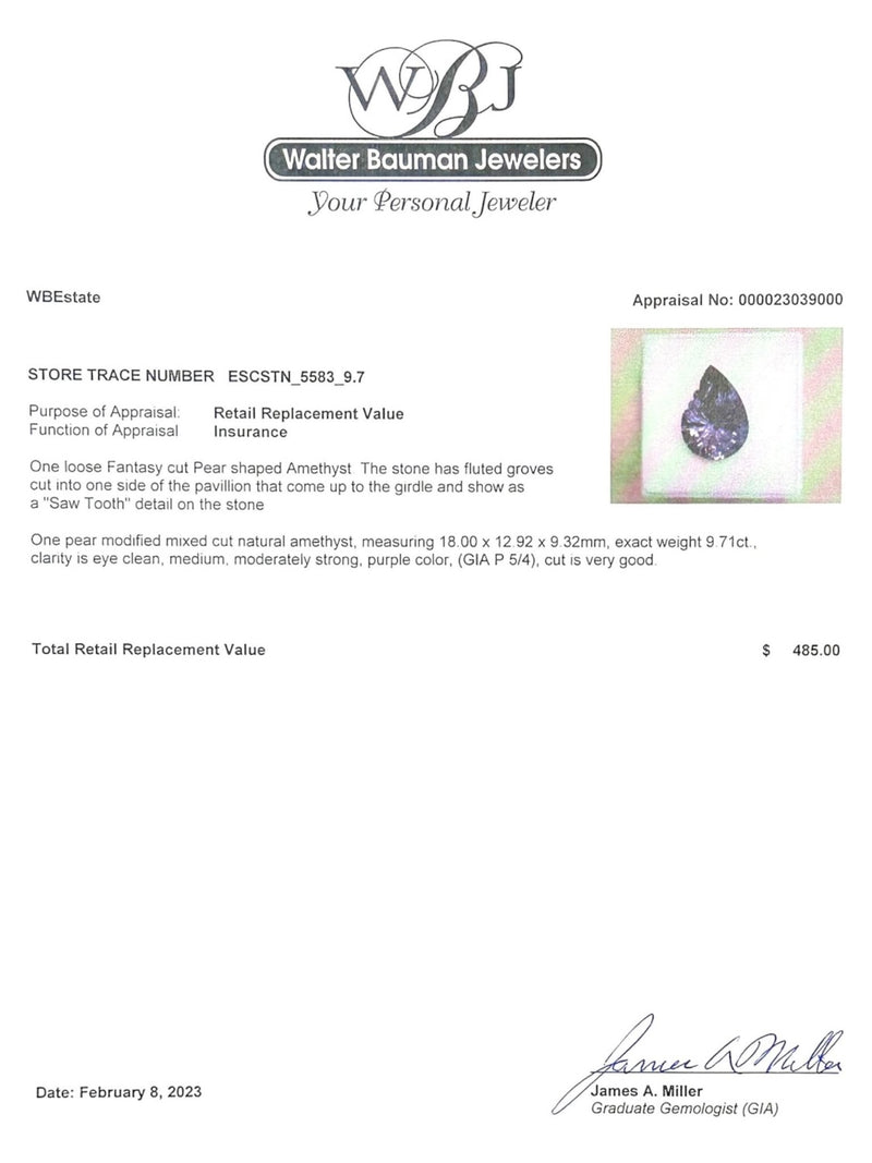 Estate 9.71ct Fancy Cut Pear Amethyst Loose Gemstone - Walter Bauman Jewelers