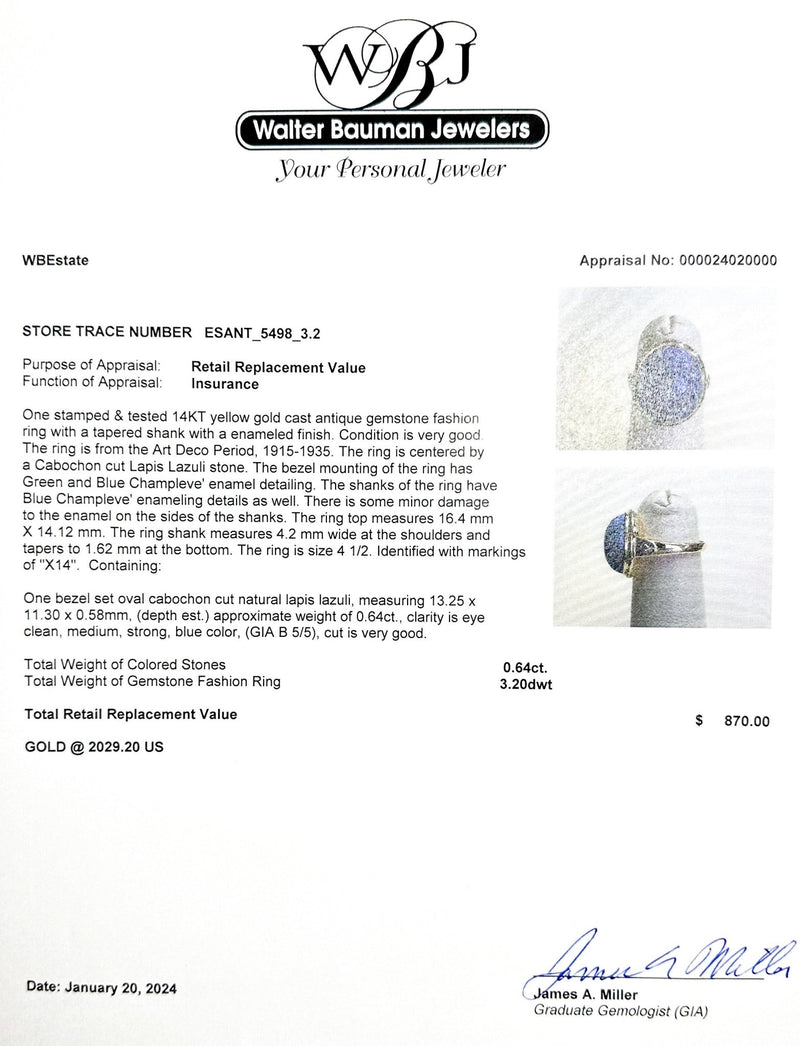 Estate Art Deco 14K Y Gold 0.64ct Lapis Lazuli Ring - Walter Bauman Jewelers