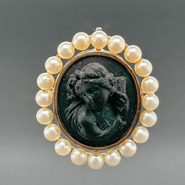Estate Art Deco 14K Y Gold Lava Cameo & Pearl Pin/Pendant - Walter Bauman Jewelers