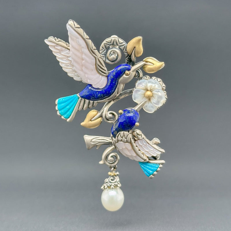 Estate Bixby SS 18 Mother of Pearl, Lapis, Turquoise, & FWP Hummingbird Pendant - Walter Bauman Jewelers