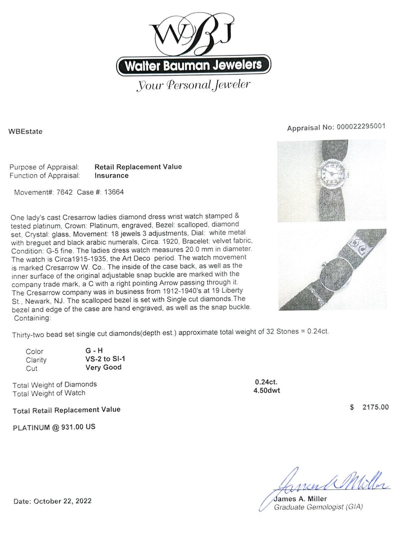 Estate Cresarrow Platinum 0.24ctw G-H/VS2-SI1 Diamond Mechanical Watch - Walter Bauman Jewelers