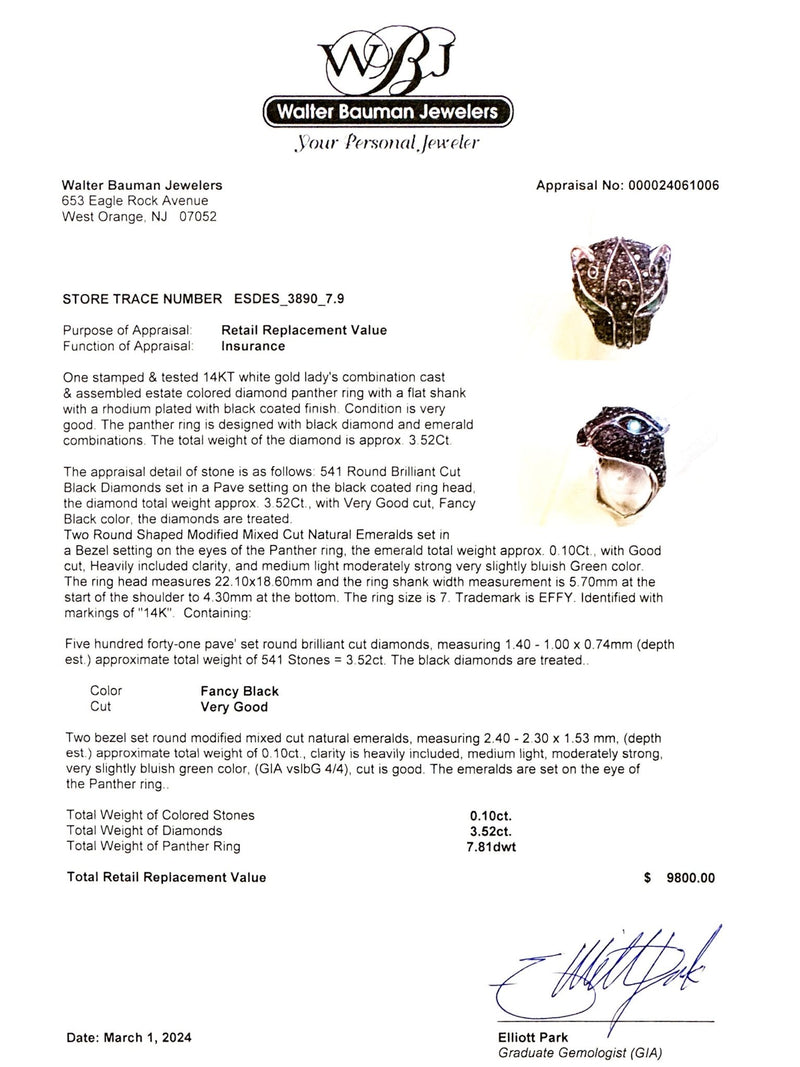Estate Effy 14K W Gold 0.10ctw Emerald & 3.52ctw Fancy Black Diamond Panther Head Ring - Walter Bauman Jewelers