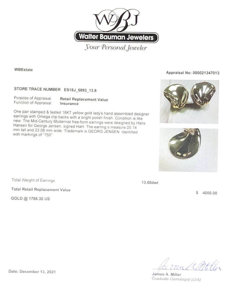 Estate Georg Jensen 18K Y Gold Mid-Century Modernist Freeform Clip-On Earrings - Walter Bauman Jewelers