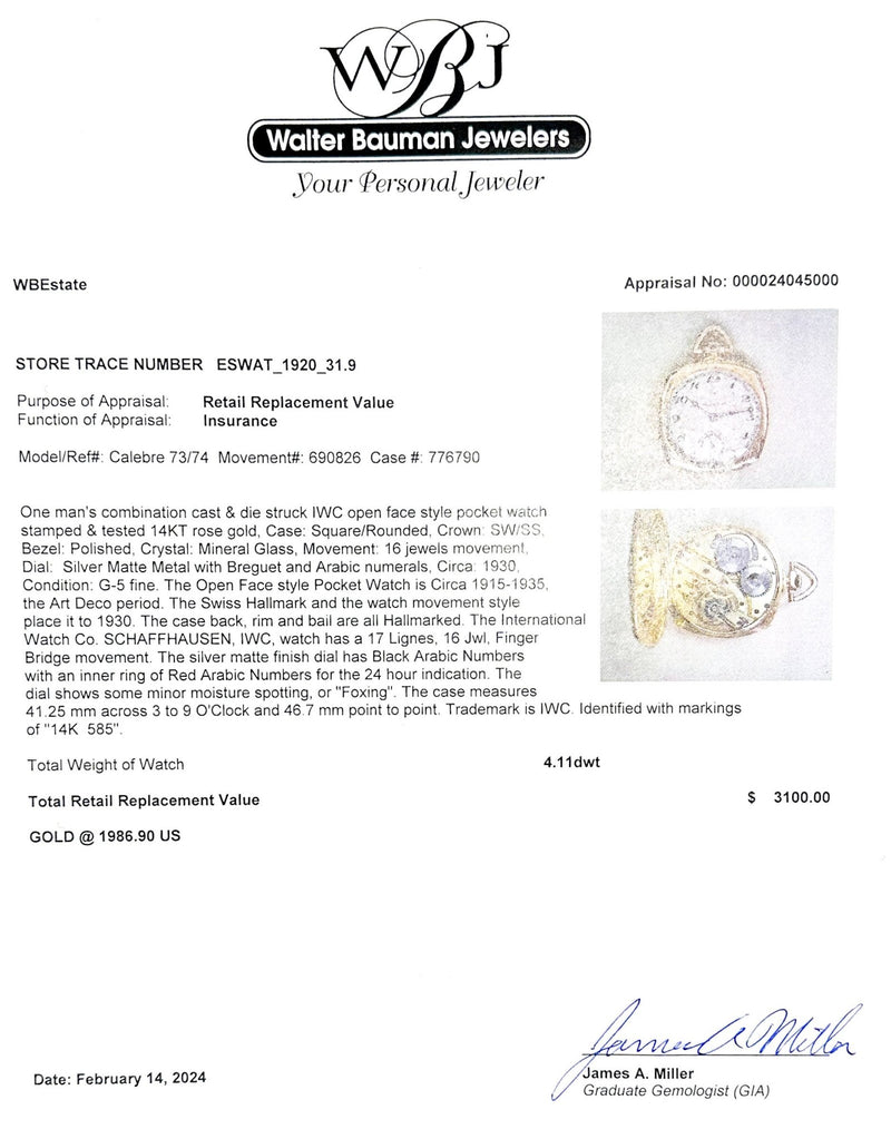Estate IWC Art Deco 14K R Gold Mechanical Pocket Watch - Walter Bauman Jewelers