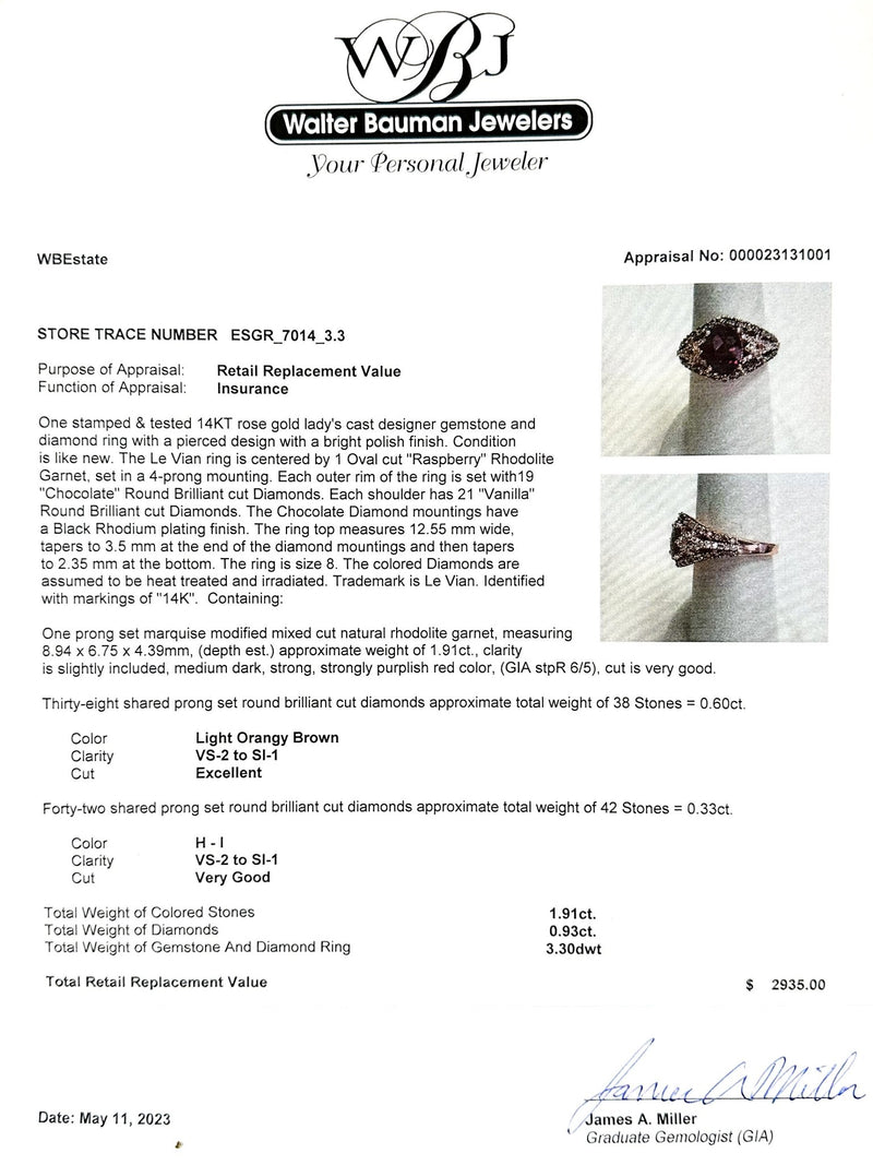 Estate Levian 14K R Gold 1.91ct Garnet & 0.93cttw Brown & H-I/VS2-SI1 Diamond Ring - Walter Bauman Jewelers