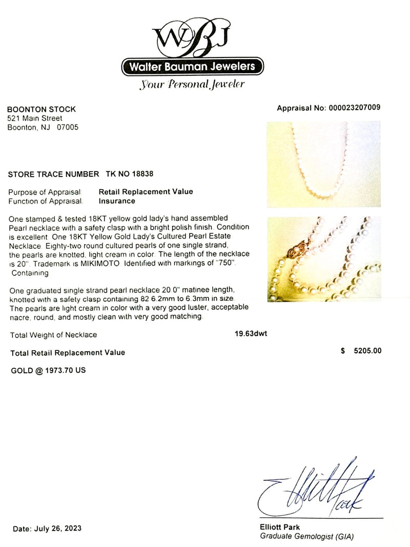 Estate Mikimoto 18K Y Gold 6.2-6.3mm Akoya Pearl 20” Necklace - Walter Bauman Jewelers