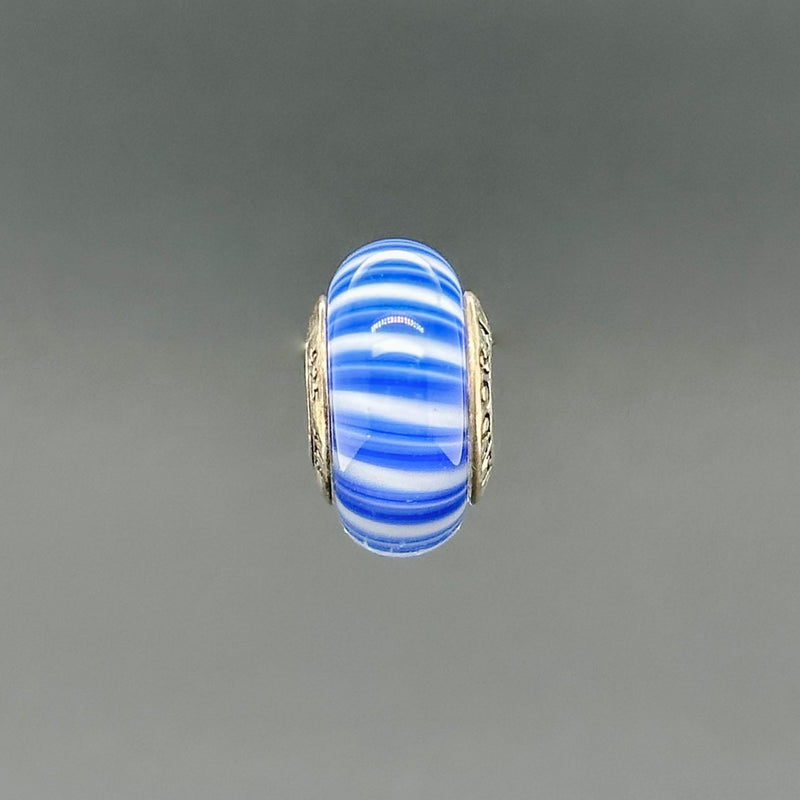 Estate Pandora SS Blue & White Striped Glass Bead Charm - Walter Bauman Jewelers