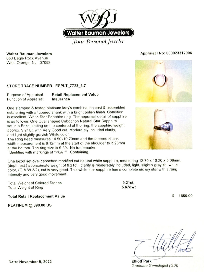 Estate Platinum 9.21ct White Star Sapphire Ring - Walter Bauman Jewelers