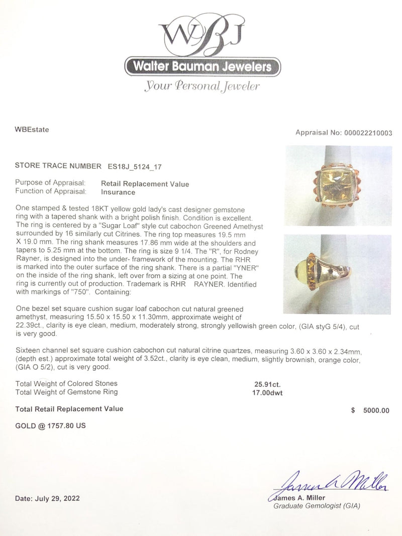 Estate Rodney Rayner 18K Y Gold 22.39ct Praisiolite & 3.52cttw Citrine Cocktail Ring - Walter Bauman Jewelers