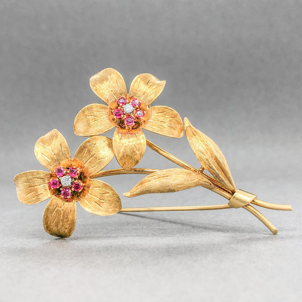 Estate Tiffany & Co. 18K TT 0.4cttw Ruby & 0.08cttw G/VS1 Diamond Flower Brooch - Walter Bauman Jewelers