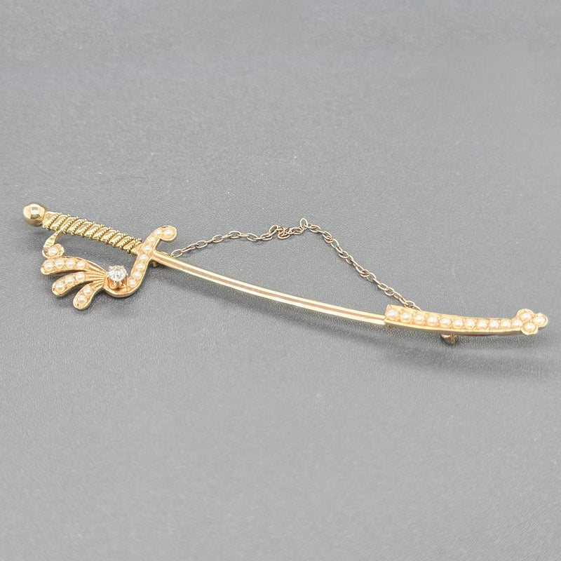 Estate Victorian 10 14K Y Gold Seed Pearl & 0.08ct H-I/SI2 Diamond Sword Pin - Walter Bauman Jewelers