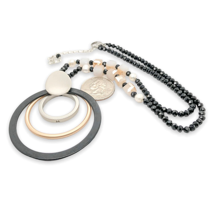 FWP, Cream Chalcedony & Black Bead Triple Circle Necklace - Walter Bauman Jewelers