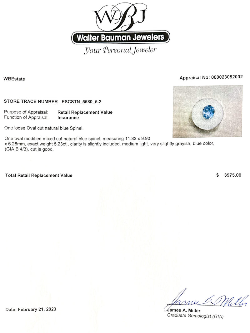 Estate 5.23ct Oval Cut Blue Spinel Loose Gemstone - Walter Bauman Jewelers