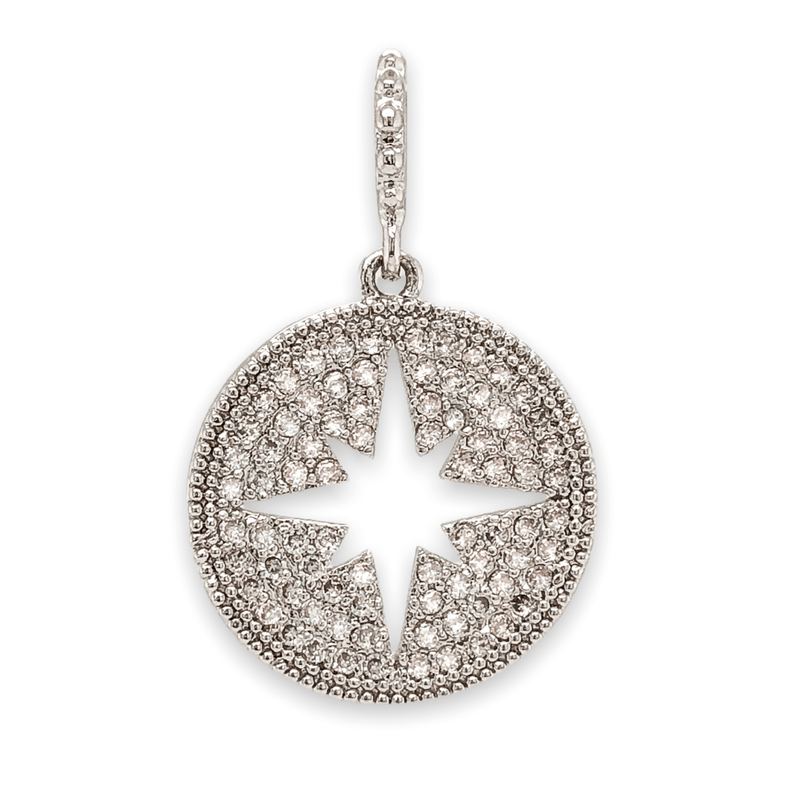 Rhodium Plated Over Brass CZ Circle Pendant with Starburst Cutout. - Walter Bauman Jewelers