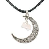 Silver Plate Rose Quartz & Black Leather Moon Necklace - Walter Bauman Jewelers