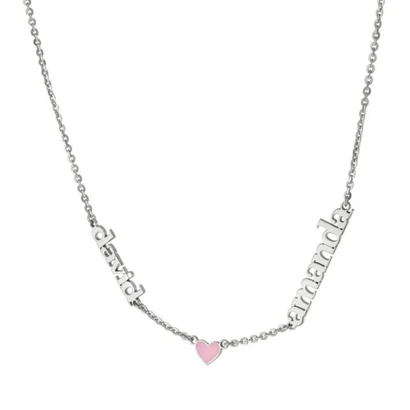 SS 18" Necklace w 2 Names and Enamel Heart - Walter Bauman Jewelers