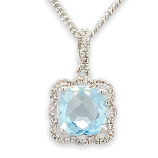 SS 2.64ct Blue Topaz & 0.44cttw White Topaz Square Halo Pendant - Walter Bauman Jewelers