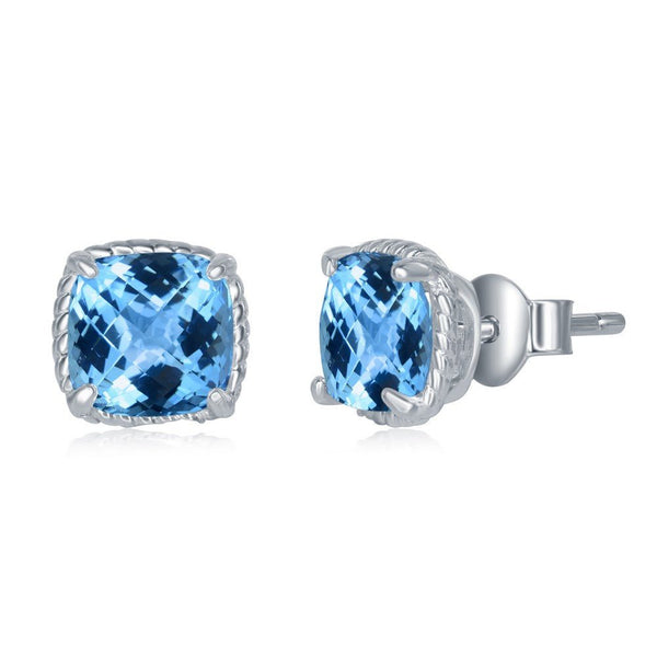 SS 6mm Blue Topaz Cushion Cut Stud Earrings - Walter Bauman Jewelers