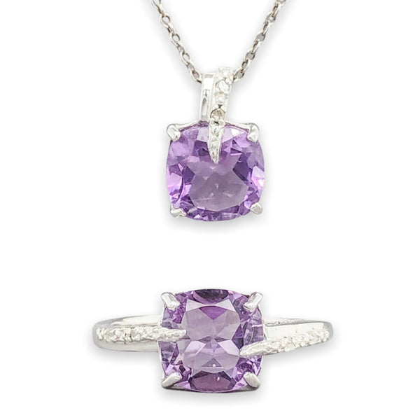 SS Amethyst & Diamond Pendant & Ring Set - Walter Bauman Jewelers