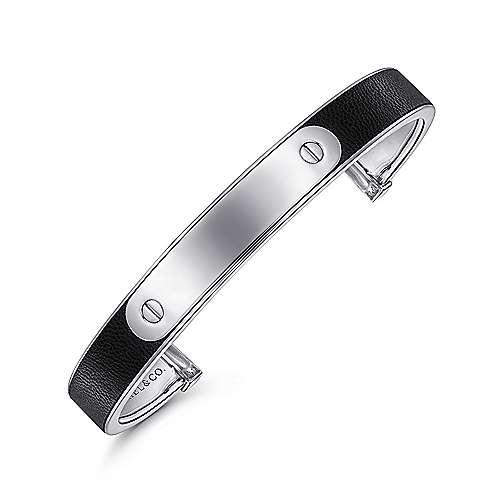 SS and Leather Open ID Bracelet - Walter Bauman Jewelers