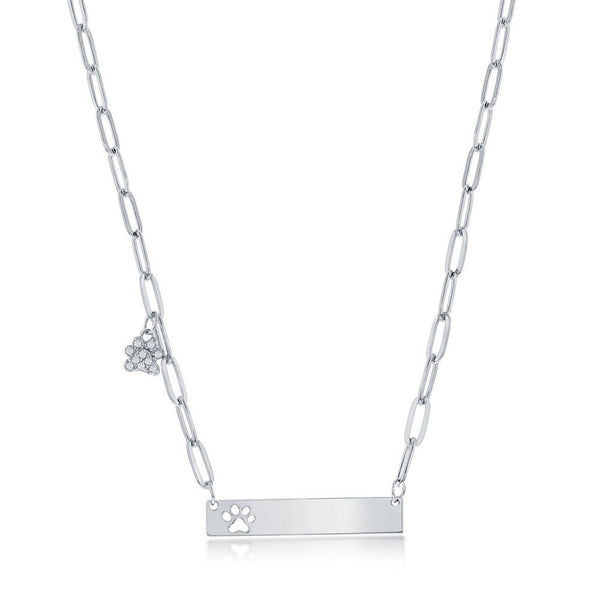 SS Bar with CZ Paw Print Paperclip Necklace - Walter Bauman Jewelers