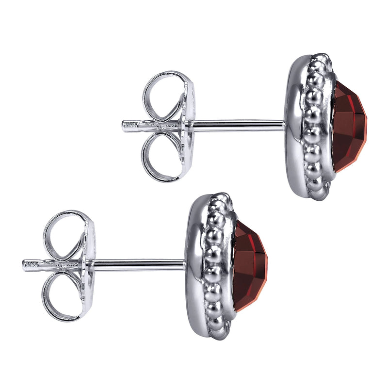 SS Bezel Set 9.6mm Beaded Round Garnet Earrings - Walter Bauman Jewelers