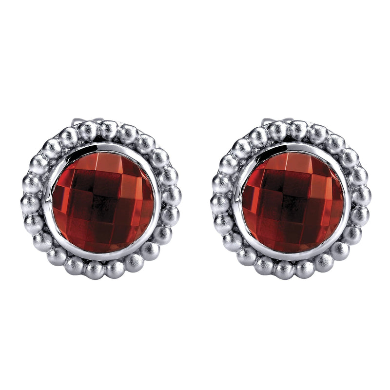 SS Bezel Set 9.6mm Beaded Round Garnet Earrings - Walter Bauman Jewelers