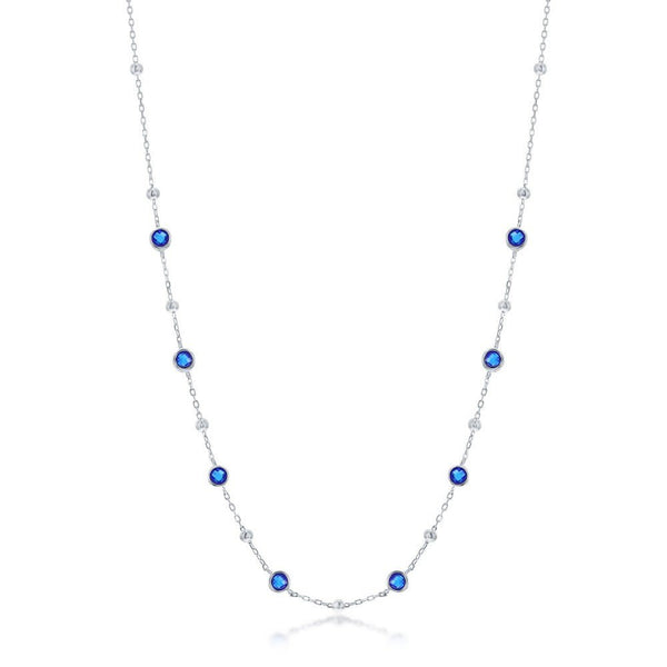 SS Bezel-Set Blue CZ & Bead Station Necklace - Walter Bauman Jewelers