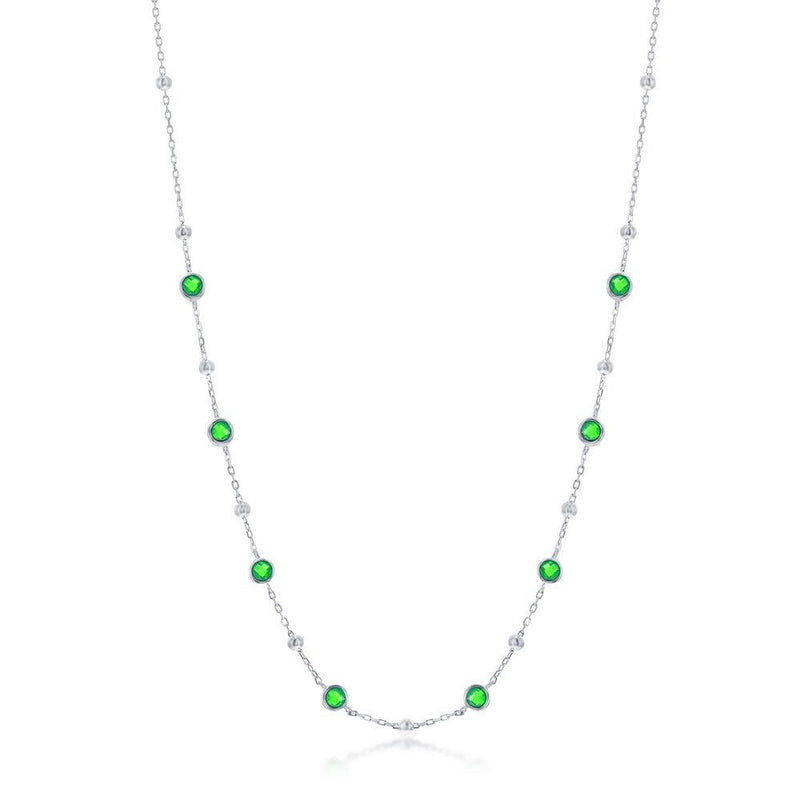 SS Bezel-Set Green CZ & Bead Station Necklace - Walter Bauman Jewelers