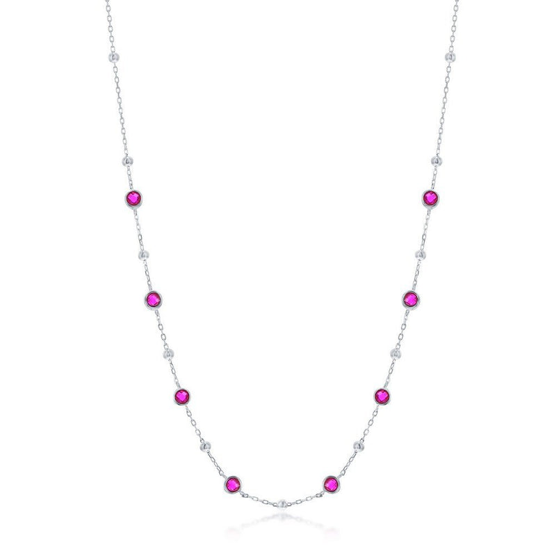 SS Bezel-Set Red CZ & Bead Station Necklace - Walter Bauman Jewelers