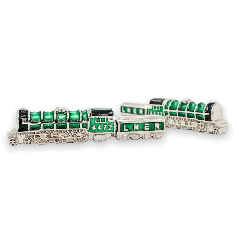 SS Black & Green Enamel Flying Scotsman Train Car Cufflinks - Walter Bauman Jewelers