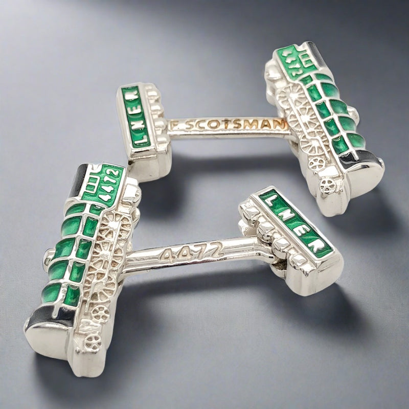 SS Black & Green Enamel Flying Scotsman Train Car Cufflinks - Walter Bauman Jewelers