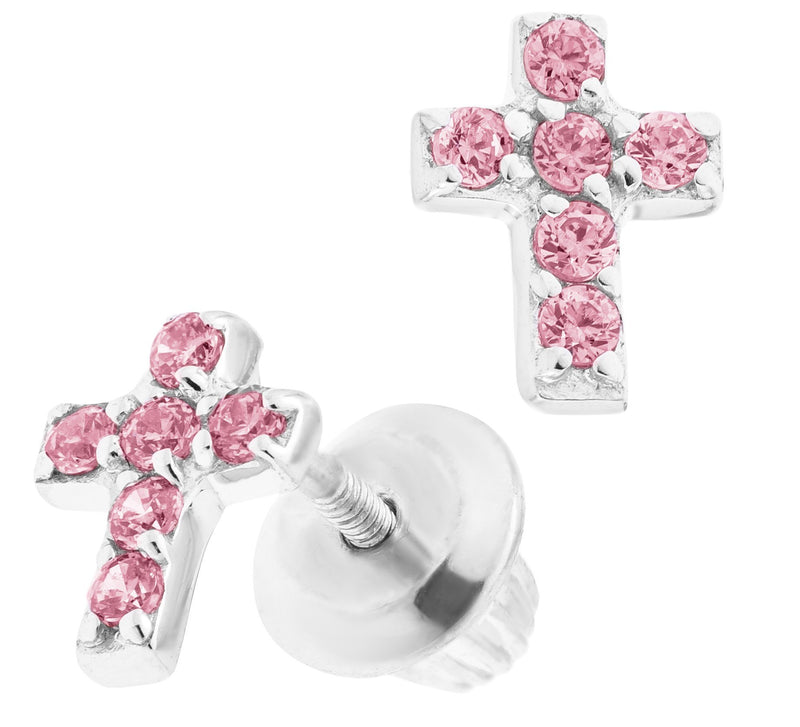 SS Cross Pink Cz Baby Studs - Walter Bauman Jewelers