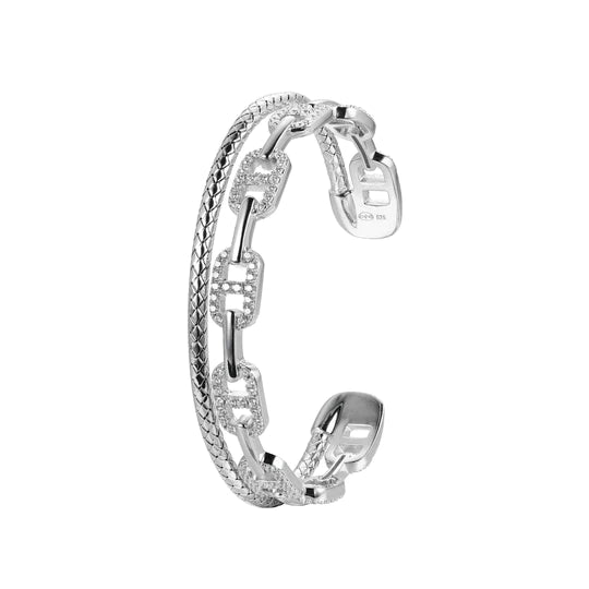 SS CZ Double Cuff Marina Link Bangle Bracelet - Walter Bauman Jewelers