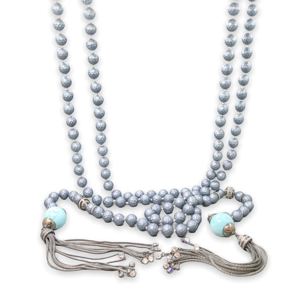 SS CZ, Turquoise, & Resin Beaded 62” Lariat Necklace - Walter Bauman Jewelers