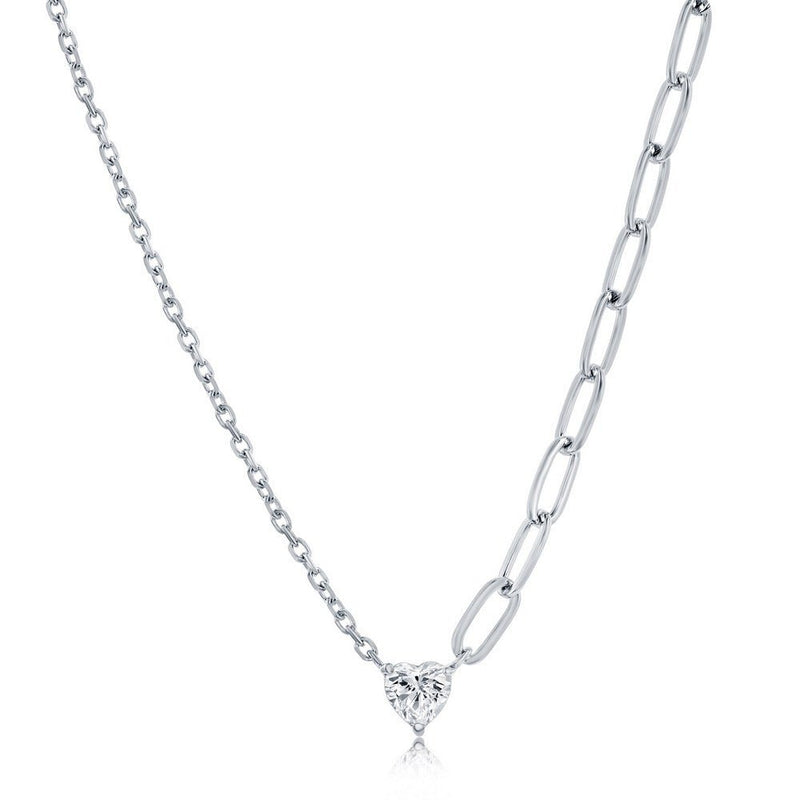 SS Heart CZ Half Cable & Paperclip Chain Necklace - Walter Bauman Jewelers