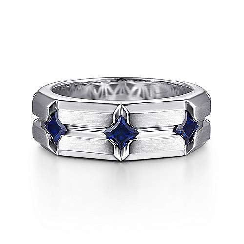 SS Men's Ring with Square Sapphire Stations - Walter Bauman Jewelers