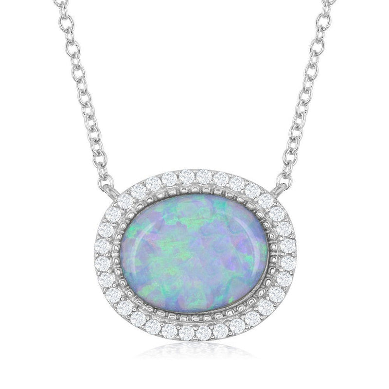 SS Oval Lab-Created Opal with CZ Border Necklace - Walter Bauman Jewelers