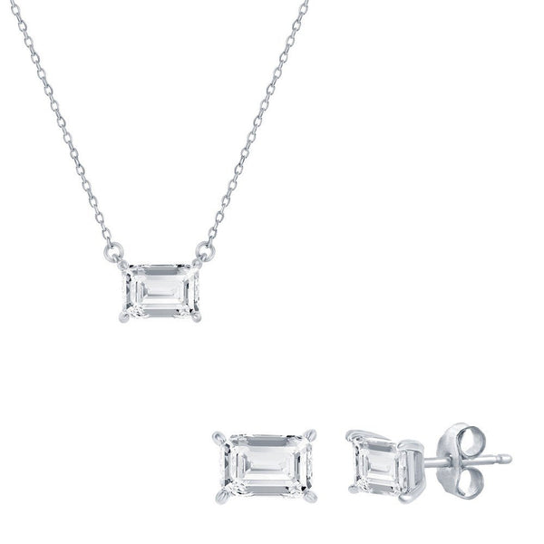 SS Solitaire 5x7mm Rectangle CZ, Necklace & Earrings Set - Walter Bauman Jewelers