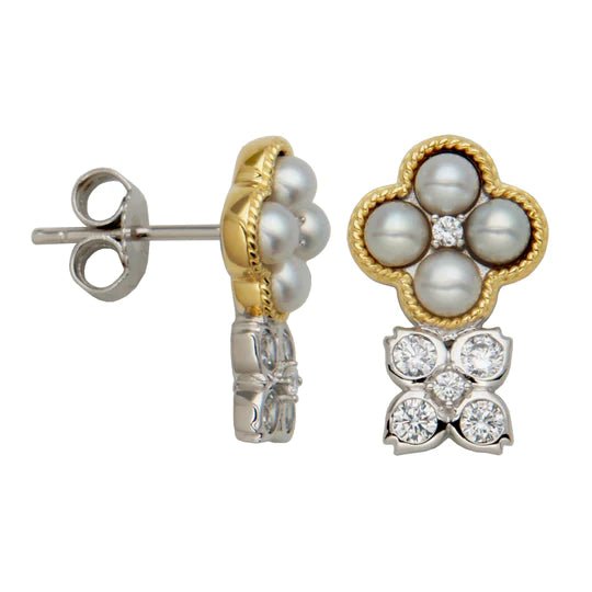 SS Two-Tone CZ and Pearl Earrings - Walter Bauman Jewelers