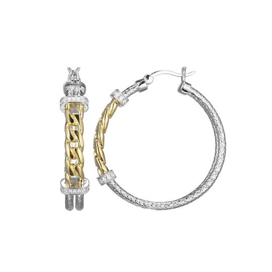 SS Two-Tone CZ Double Row Link Hoop Earrings - Walter Bauman Jewelers