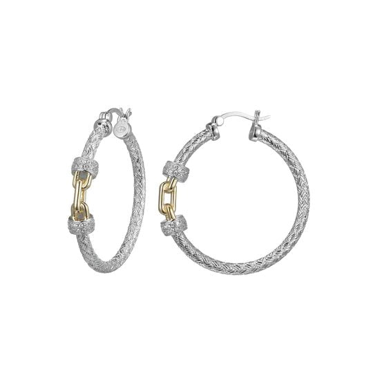 SS Two-Tone CZ Link Hoop Earrings - Walter Bauman Jewelers