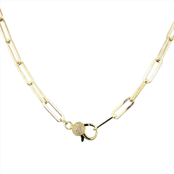 Stainless yellow gold plated paperclip necklace with cubic zirconia clasp - Walter Bauman Jewelers