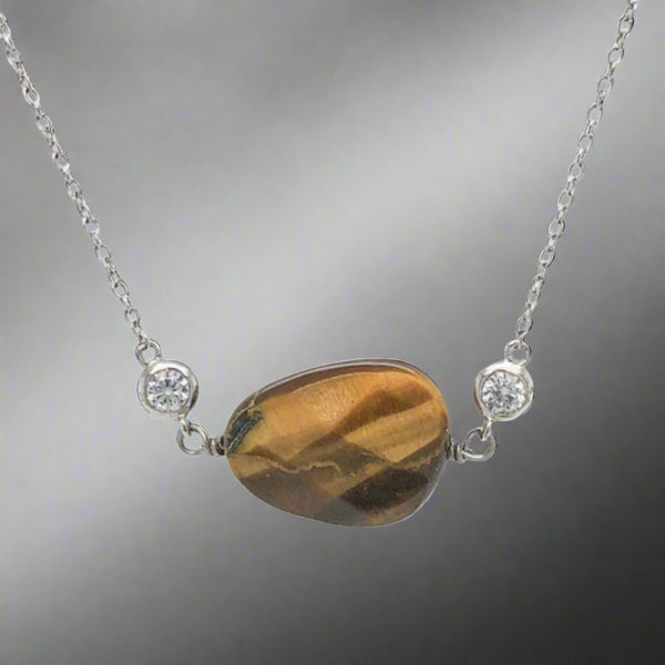 Sterling Silver Brown Tiger Eye with Small CZs Necklace - Walter Bauman Jewelers