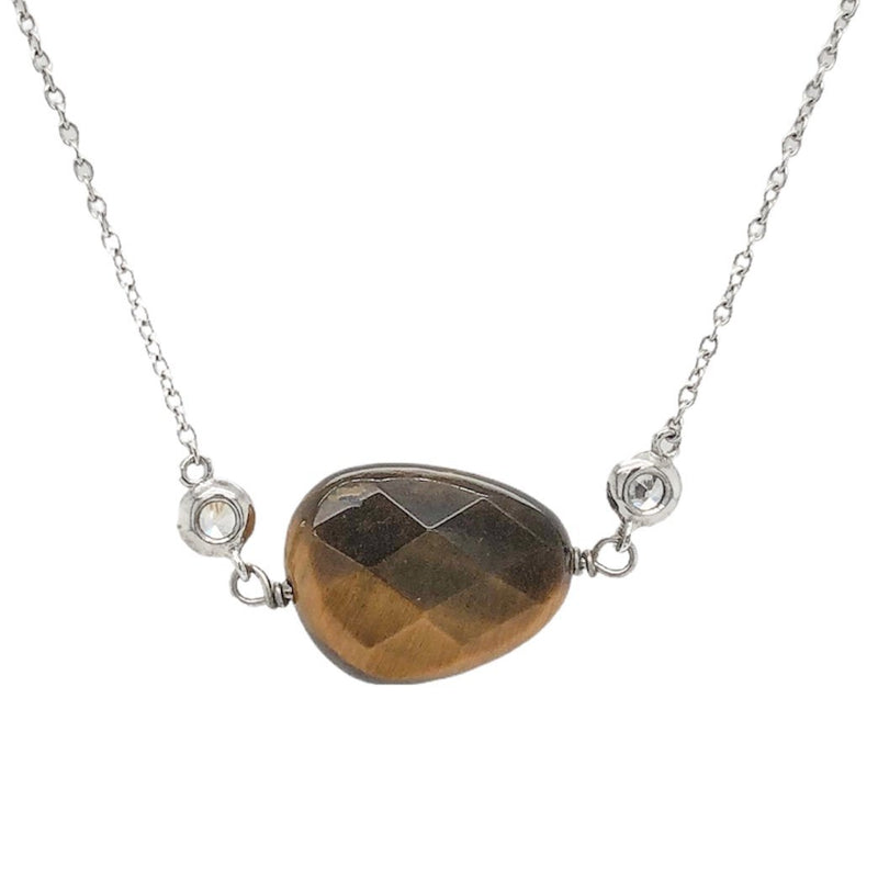 Sterling Silver Brown Tiger Eye with Small CZs Necklace - Walter Bauman Jewelers