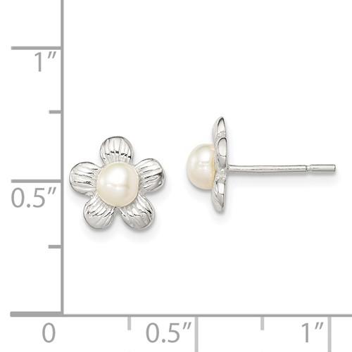 Sterling Silver Flower and Simulated Pearl Post Earrings - Walter Bauman Jewelers